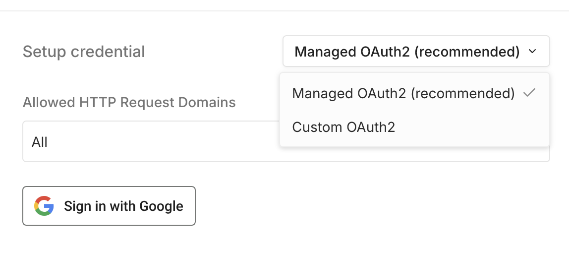 Managed OAuth2 credentials screen